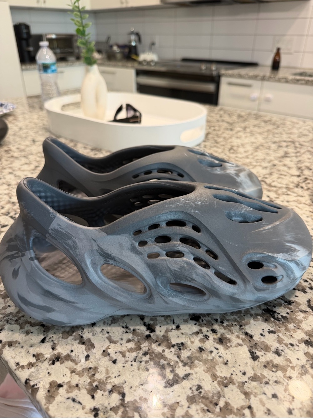 adidas Kids Foam Slip-On Sandals in Gray and White Marbled